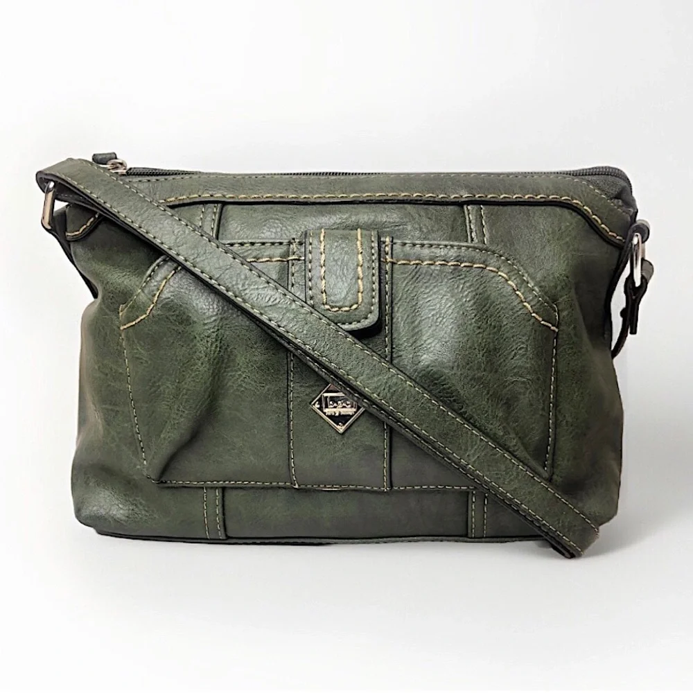 BOC Dark Olive Green Crossbody Adjustable Strap Silver Hardware Zipper Pockets